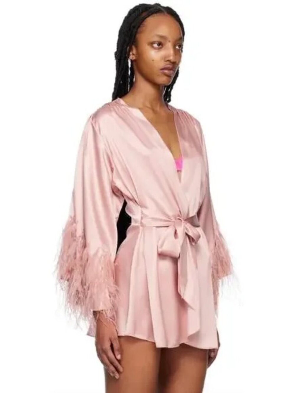 Fleur du Mal FEATHER EMBELLISHED ANGEL SLEEVE ROBE -M/L - Rose Pink NWT